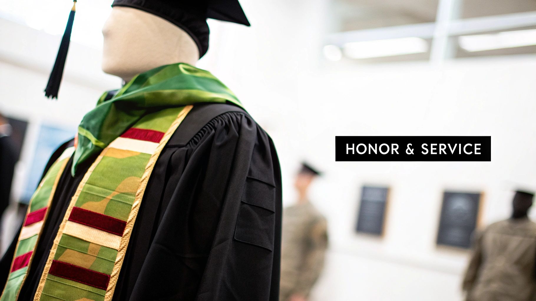 A mannequin in a graduation cap and gown features a green military service stole. Text: Honor & Service.
