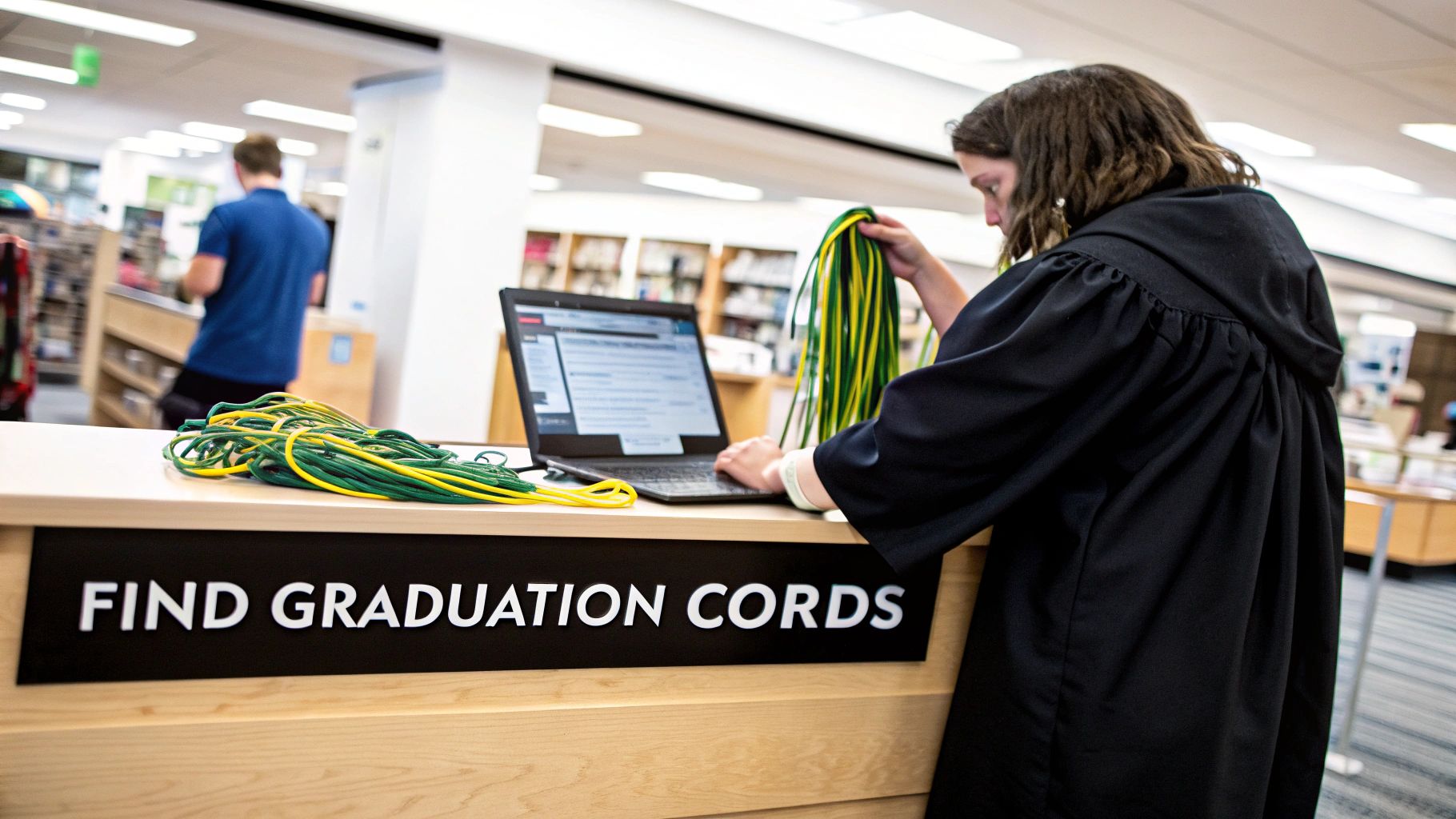 A student in a graduation gown uses a laptop at a counter with a sign and green and yellow cords.