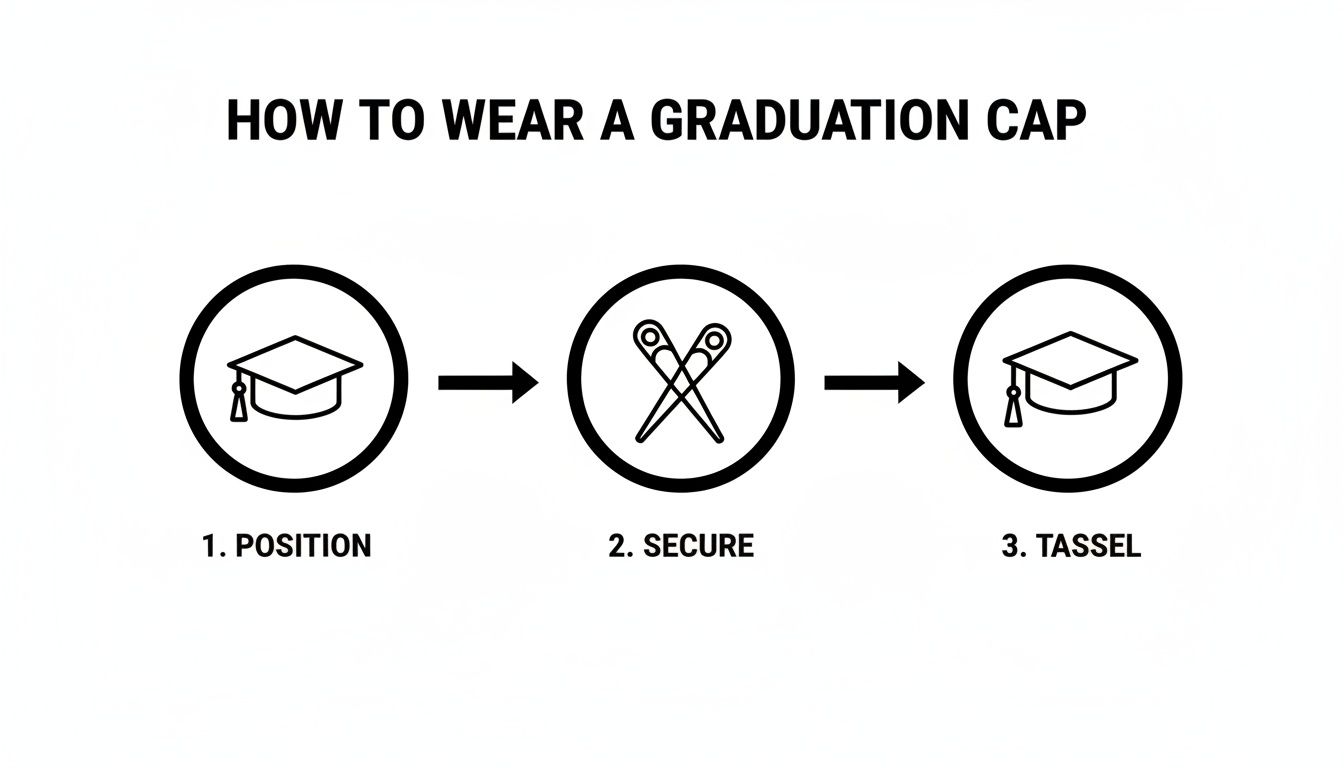 A graphic illustrating three steps on how to wear a graduation cap: Position, Secure, Tassel.