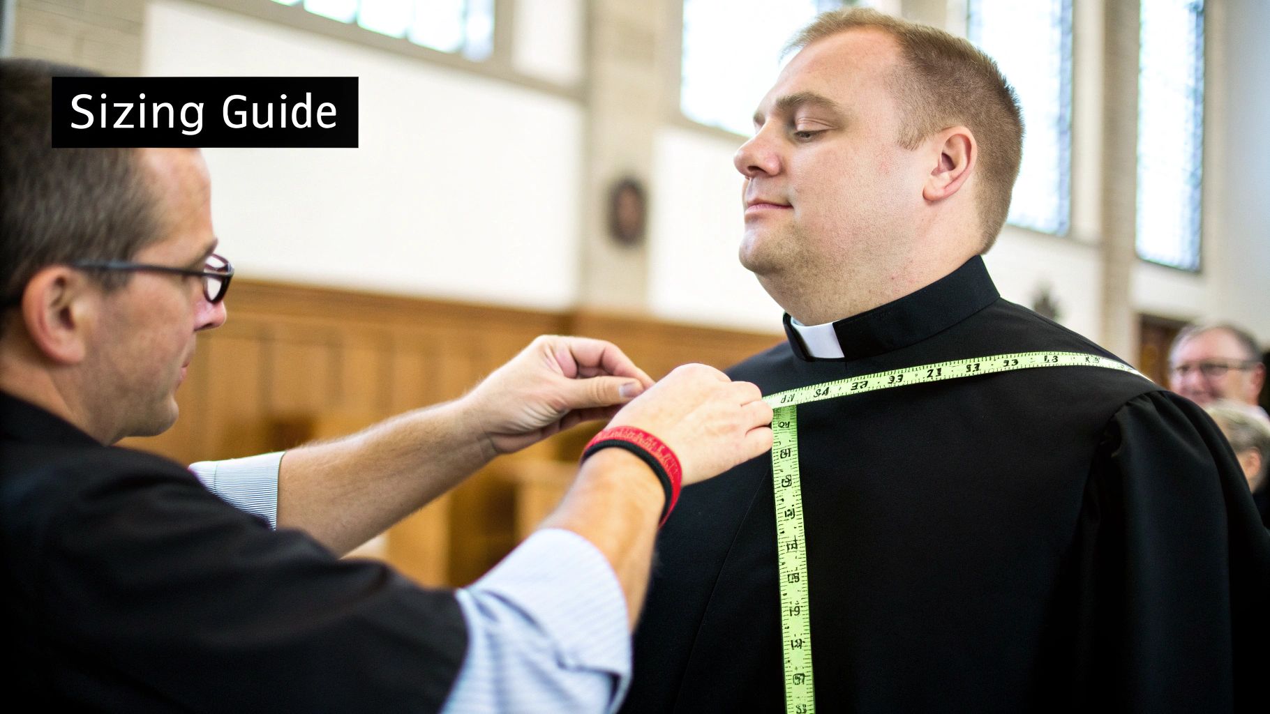 A man in a clerical shirt is being measured by another man with a tape measure, labeled 'Sizing Guide'.