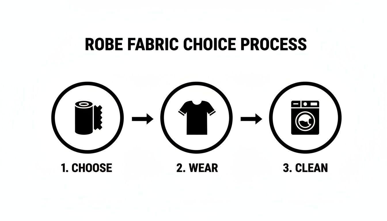 Infographic showing the robe fabric choice process: 1. Choose fabric roll, 2. Wear robe, 3. Clean.