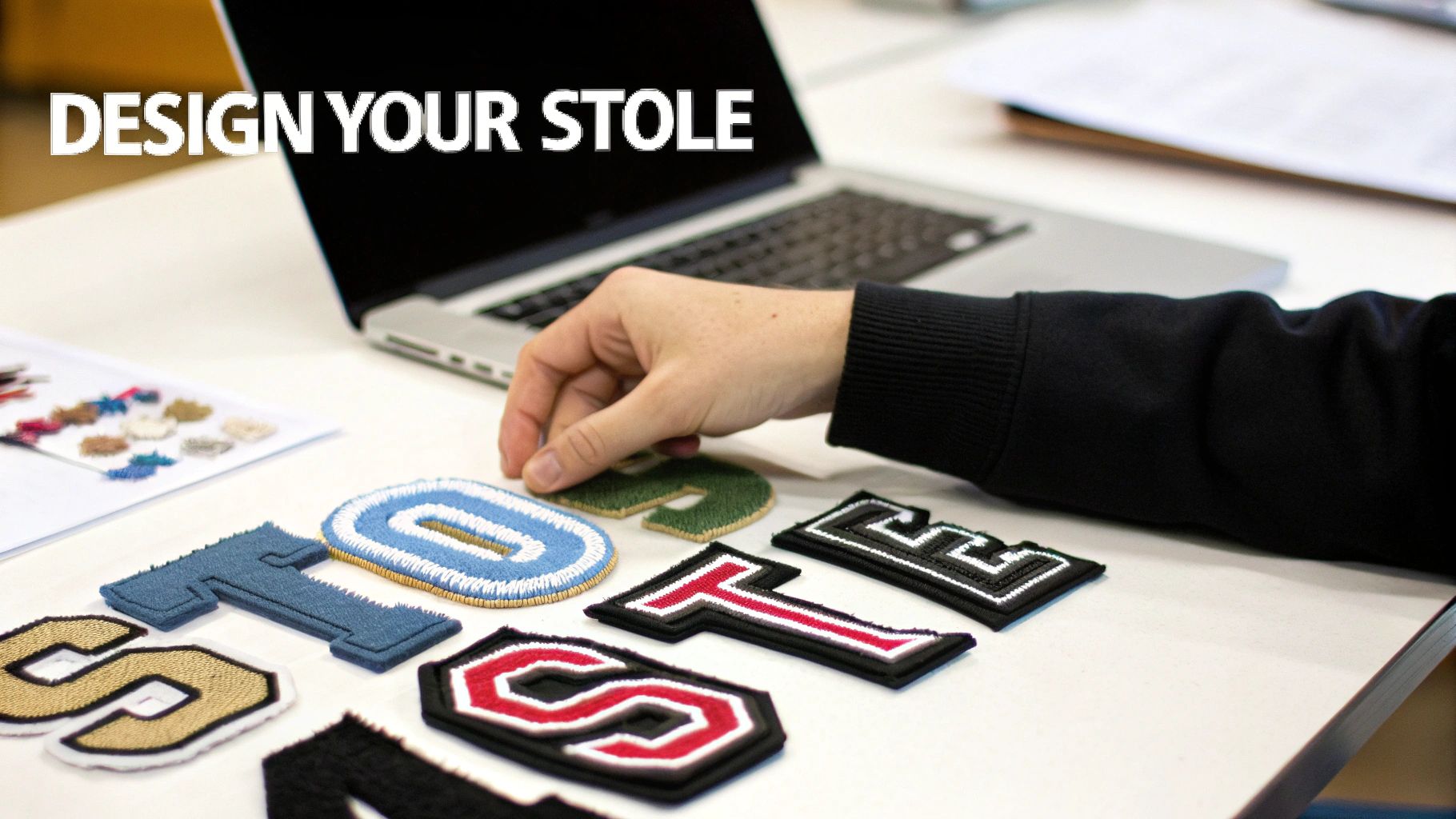 A person designing a custom graduation stole with embroidered letter patches on a desk.