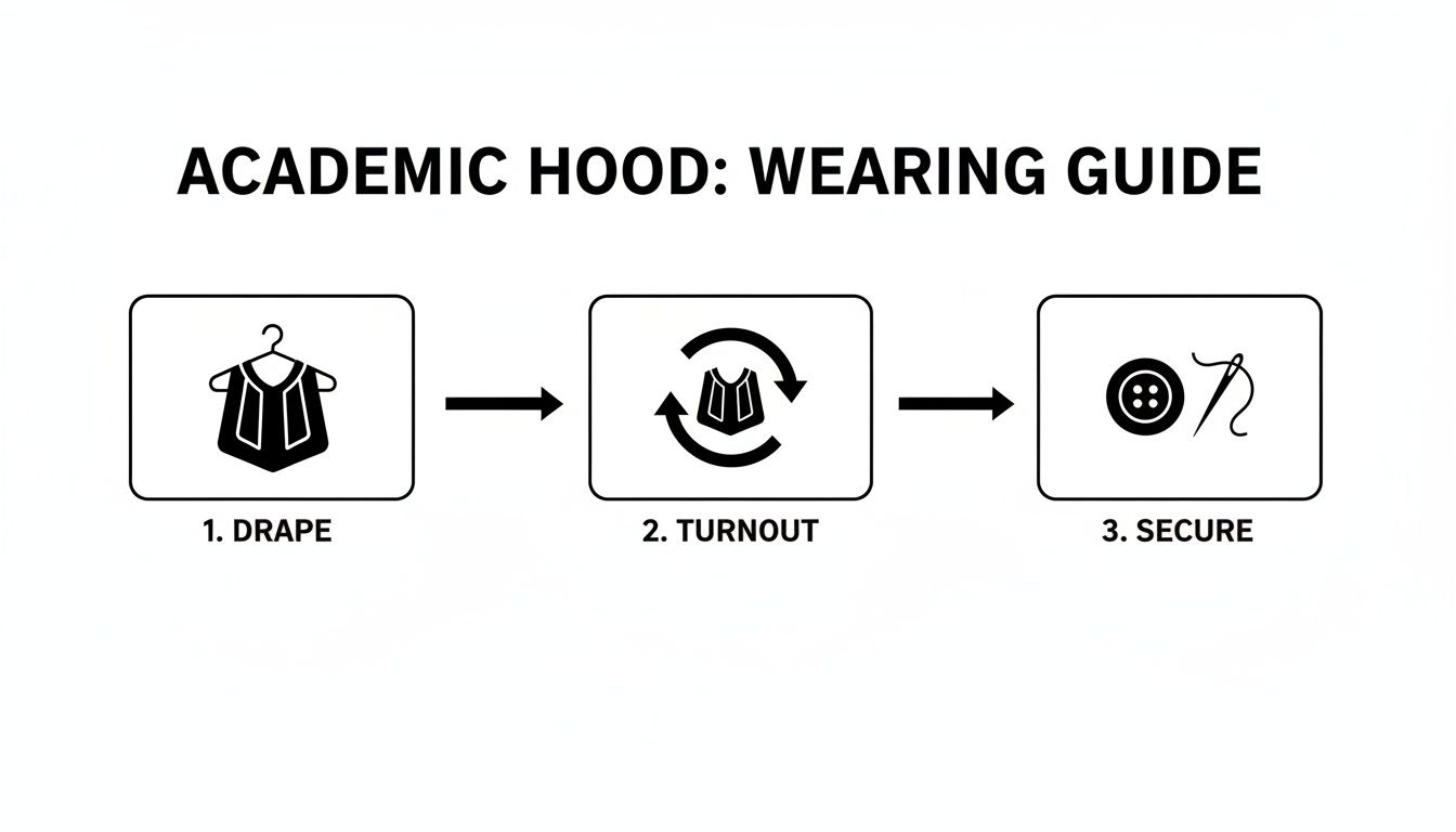 A three-step visual guide demonstrating how to wear an academic hood, including drape, turnout, and secure.