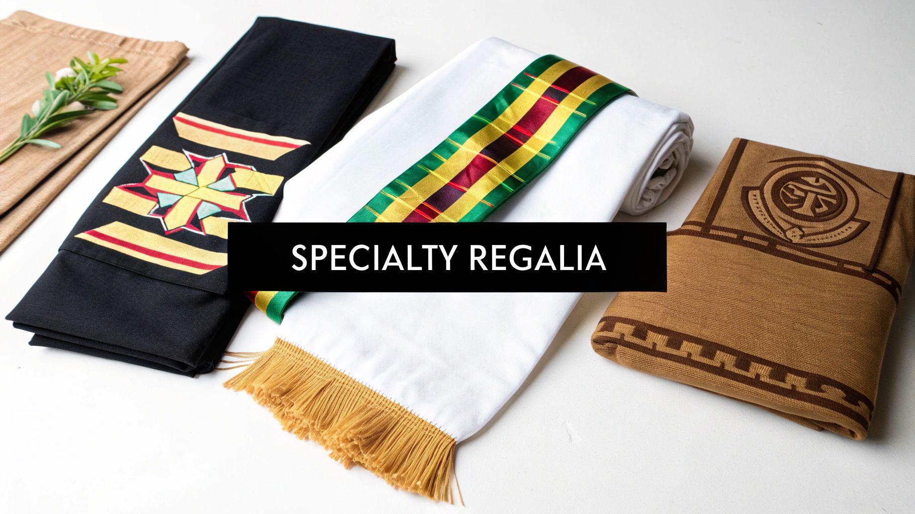 Various academic stoles and a blanket, featuring diverse designs for graduation regalia.