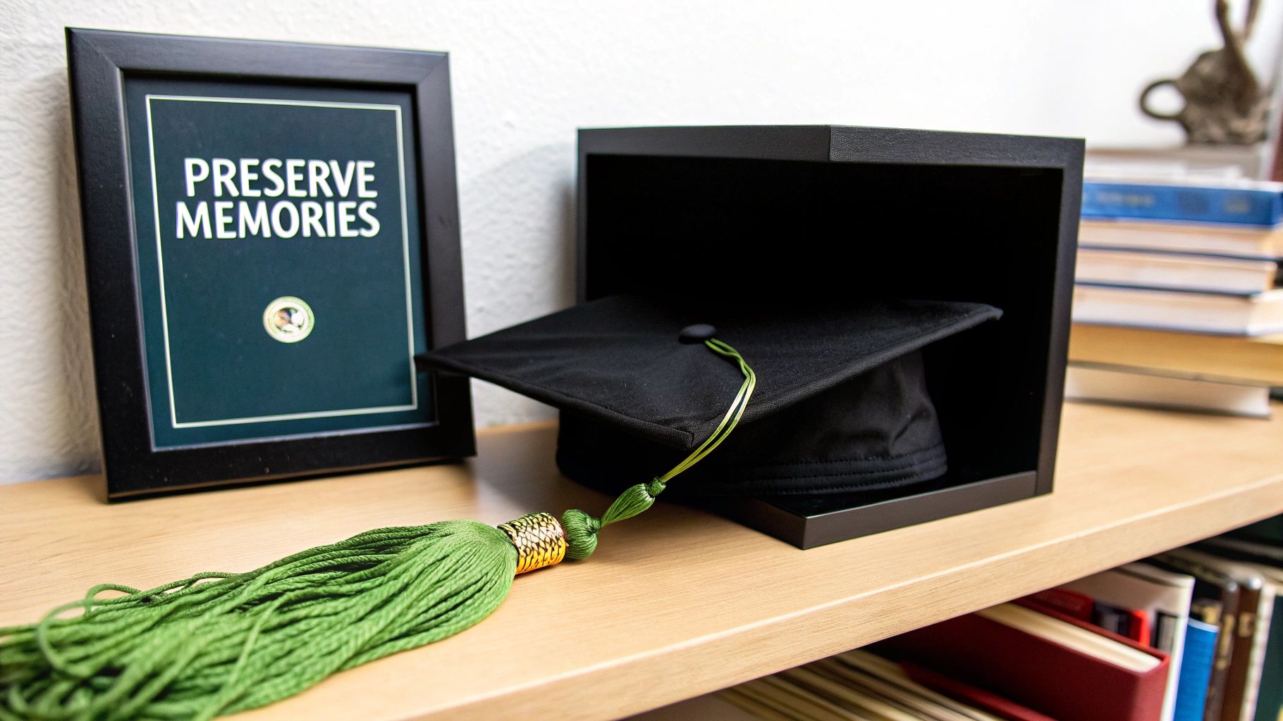 A black framed sign saying 'PRESERVE MEMORIES' beside a black graduation cap with a green tassel.