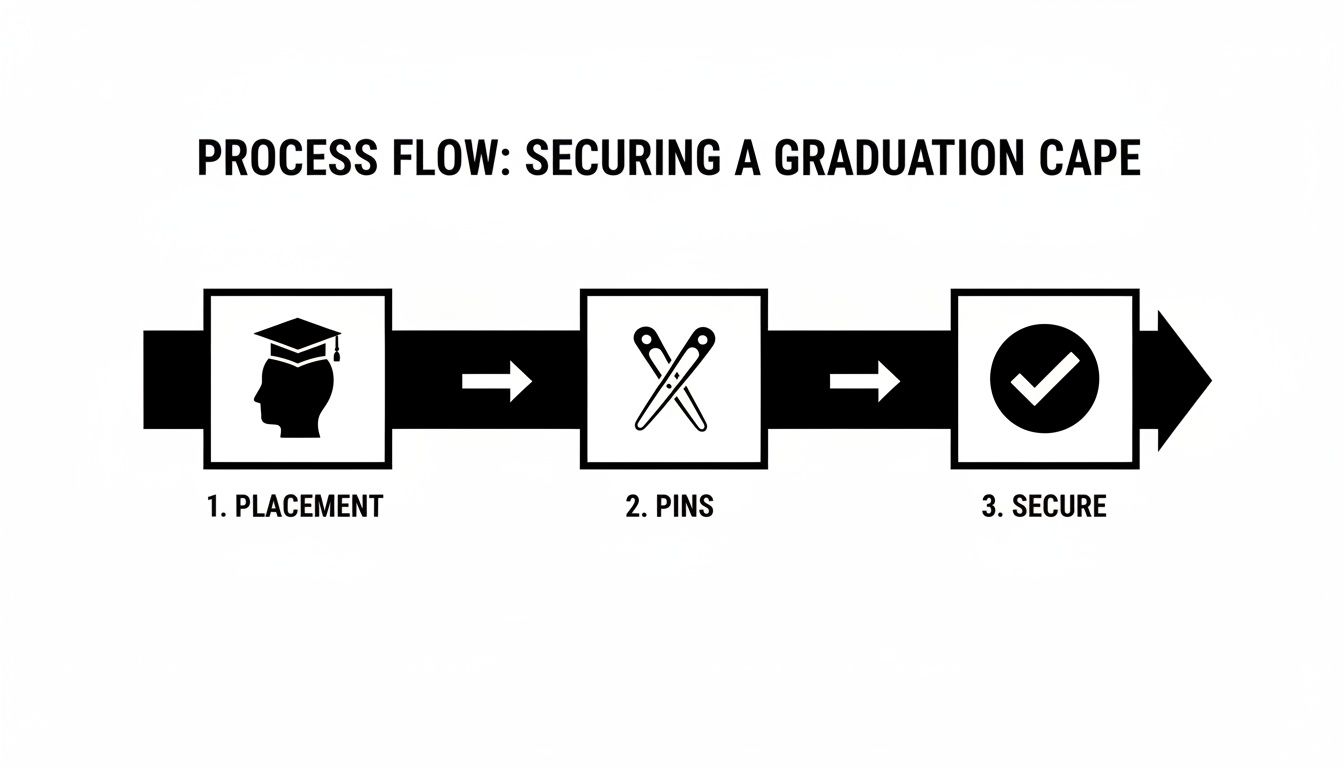 Process flow diagram illustrating three steps to secure a graduation cap: placement, pins, and secure.