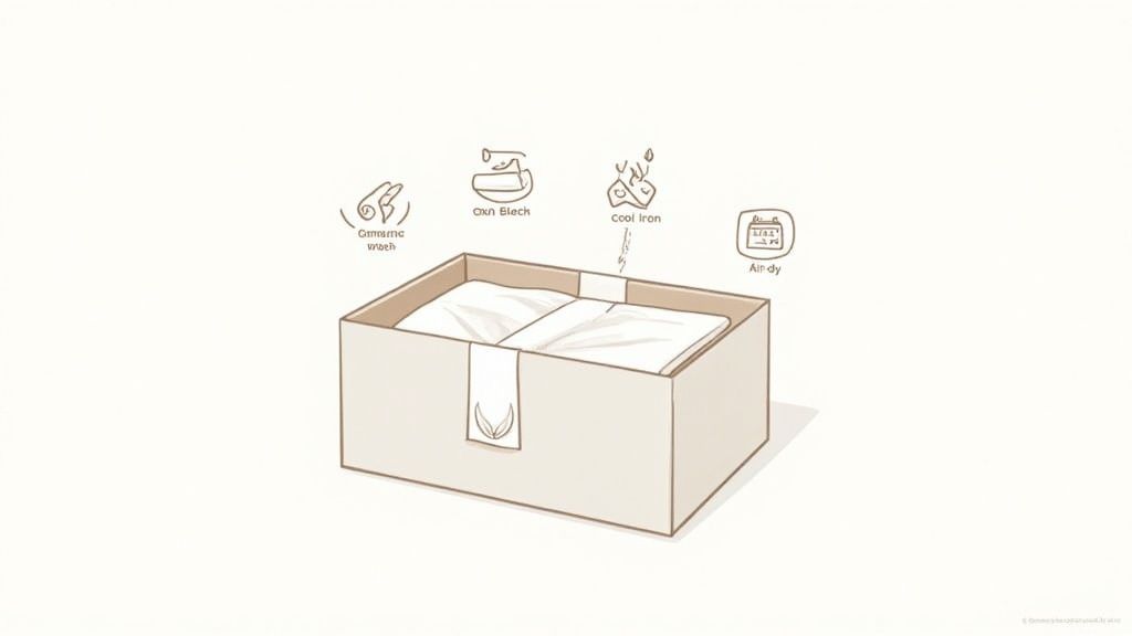 Product packaging with folded white fabric inside a box, showing laundry care icons for gentle wash, no bleach, cool iron, and air dry.