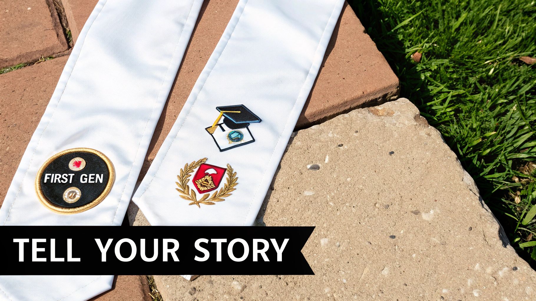 Two white graduation stoles featuring 'FIRST GEN' and military-themed emblems on outdoor paving.