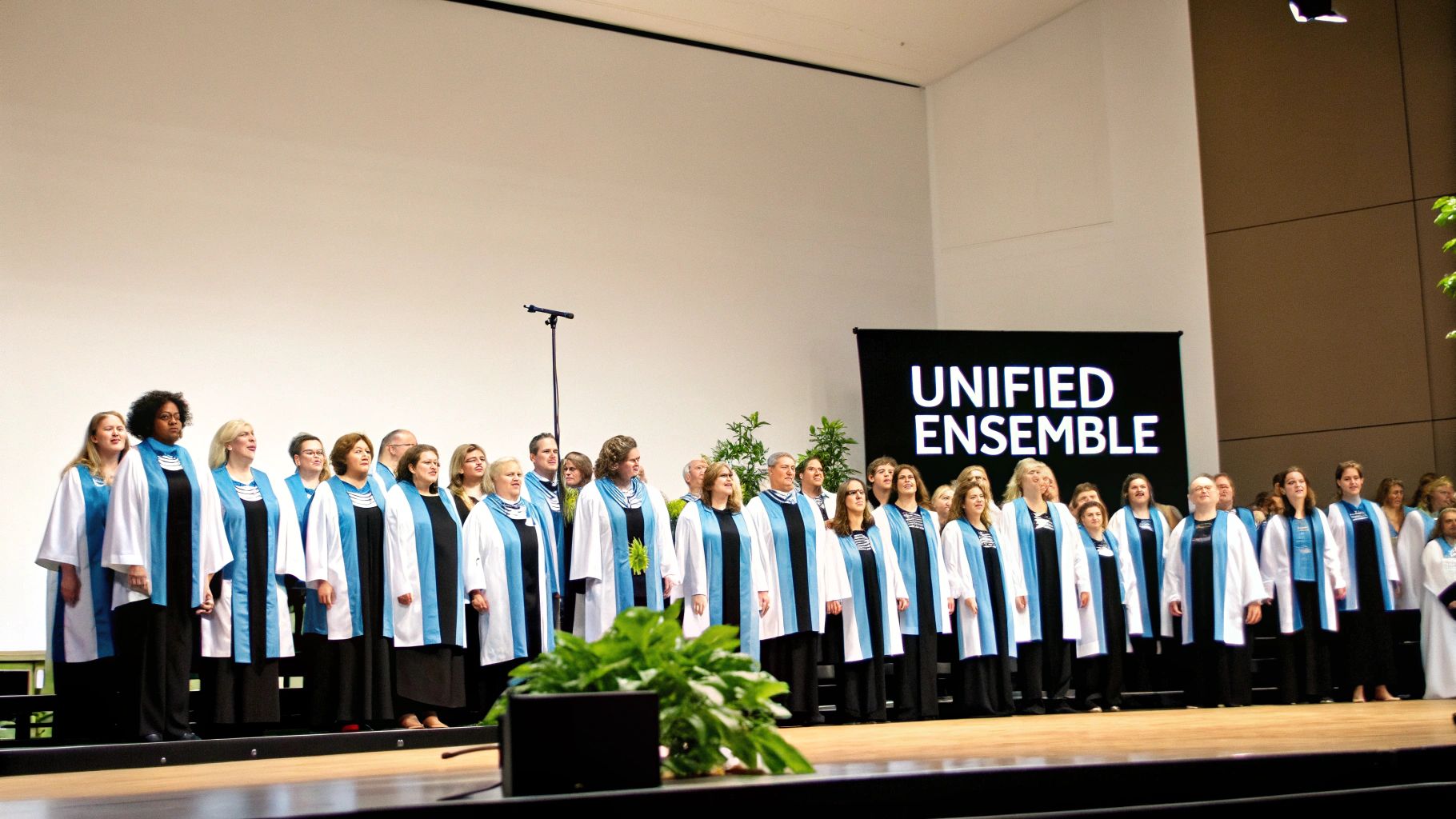 A diverse choir wearing white and blue stoles performs on a stage with a 'UNIFIED ENSEMBLE' screen.