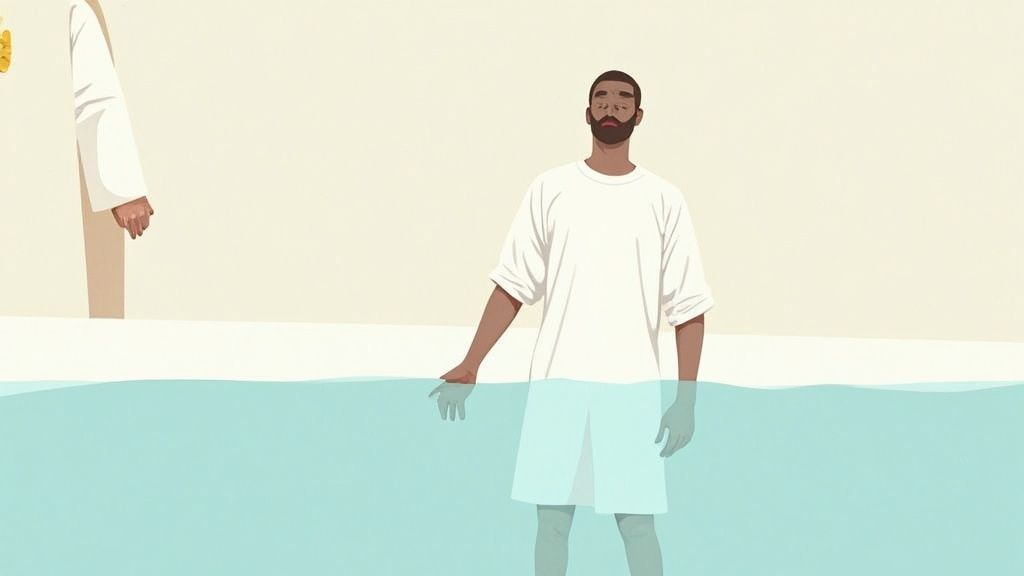 A man with closed eyes in a white shirt stands in light blue water during a baptism.