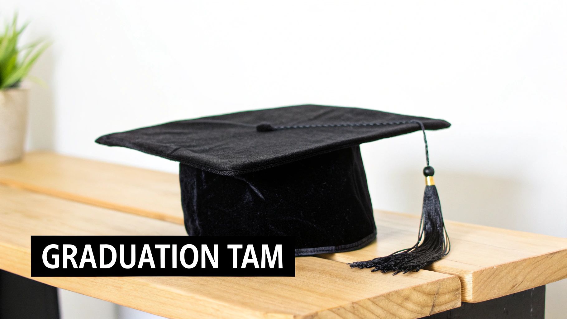 Close-up of a black graduation tam with a tassel resting on a light wooden surface.