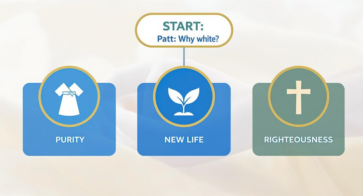 Flowchart explaining the symbolism of white with icons for purity (robe), new life (sprout), and righteousness (cross).