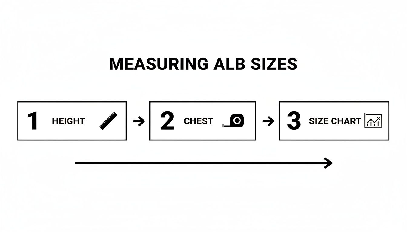 Diagram illustrating three steps for measuring alb sizes: 1. Height, 2. Chest, 3. Size Chart.