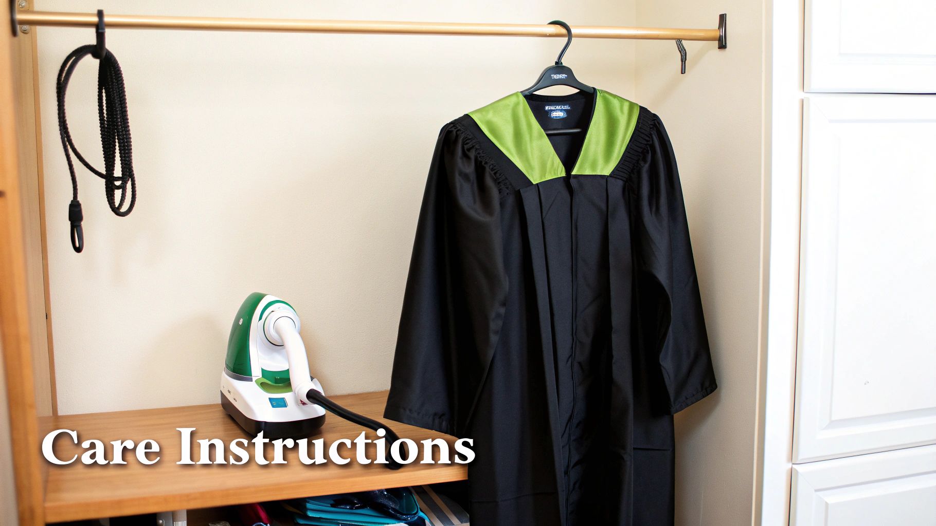 A black graduation gown with a green stole hangs on a hanger next to a clothes steamer on a wooden shelf, with 'Care Instructions' text.