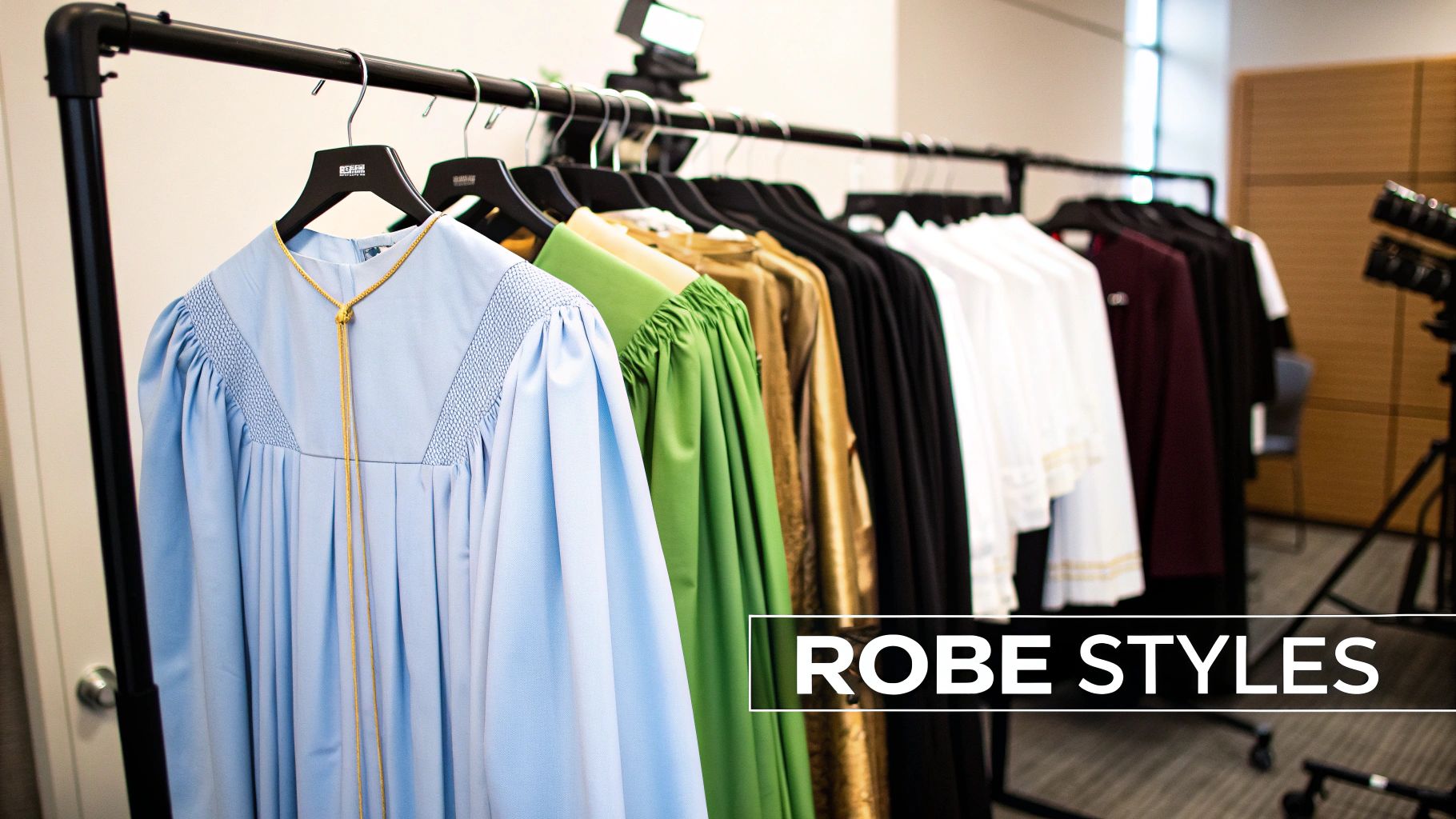 A rack displays various colorful choir robes, including light blue, green, gold, black, white, and burgundy styles.