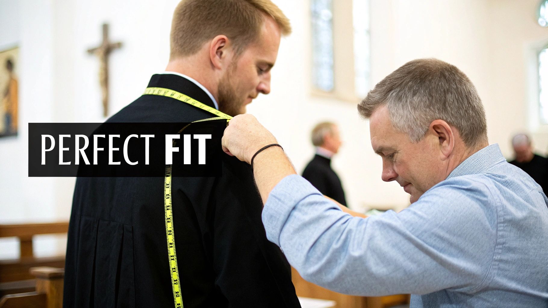 A man in a blue shirt measures a young man in a black cassock with a yellow tape.