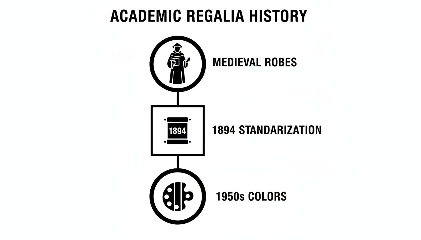 A timeline illustrating the history of academic regalia, from medieval robes to 1894 standardization and 1950s colors.