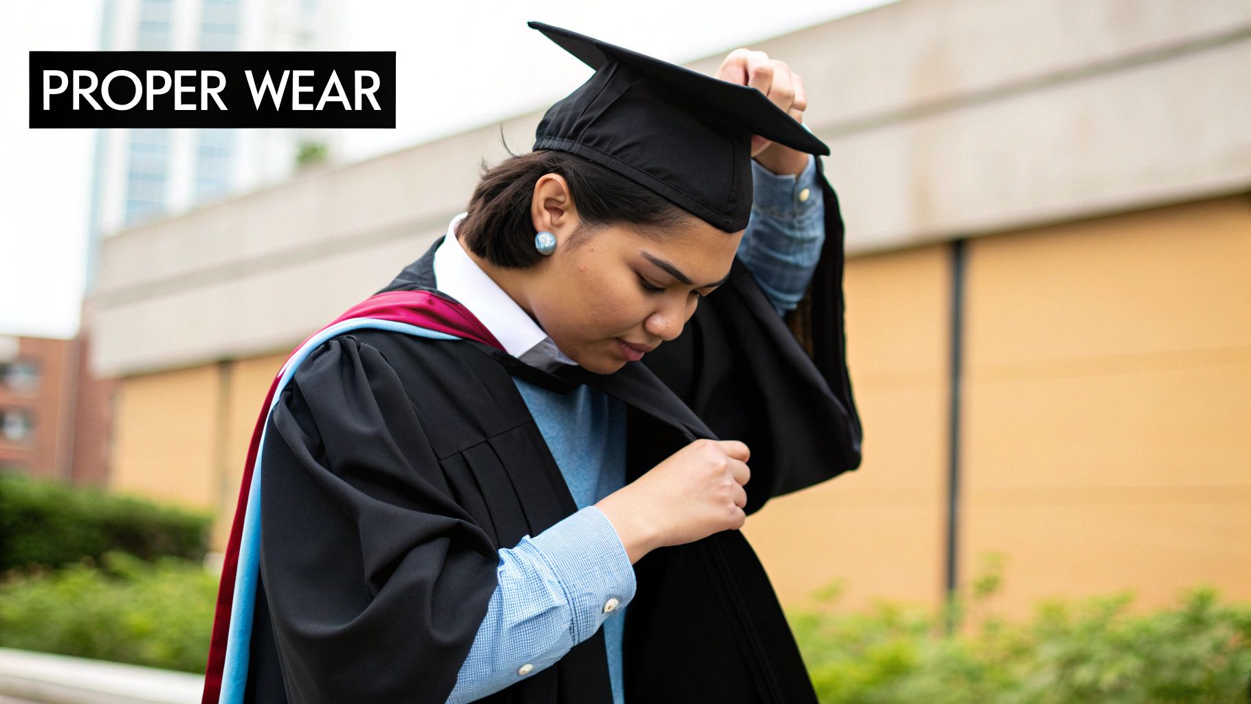 A smiling graduate properly wearing their graduation stole over their gown.