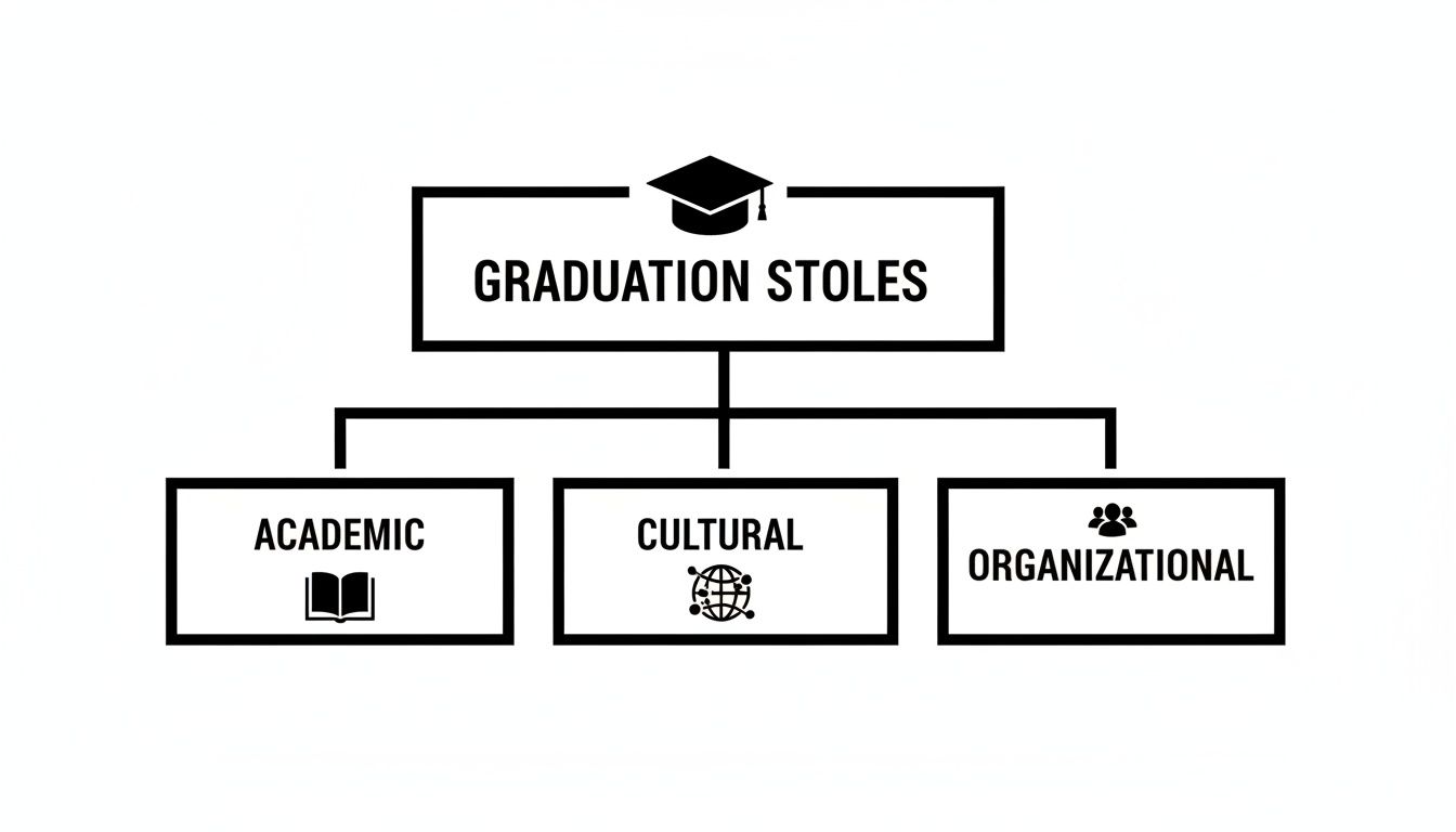 A diagram illustrating the three types of graduation stoles: academic, cultural, and organizational.