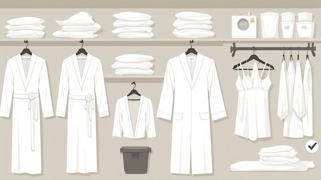 Neatly organized white bathrobes, folded towels, and sleepwear in a clean closet environment.