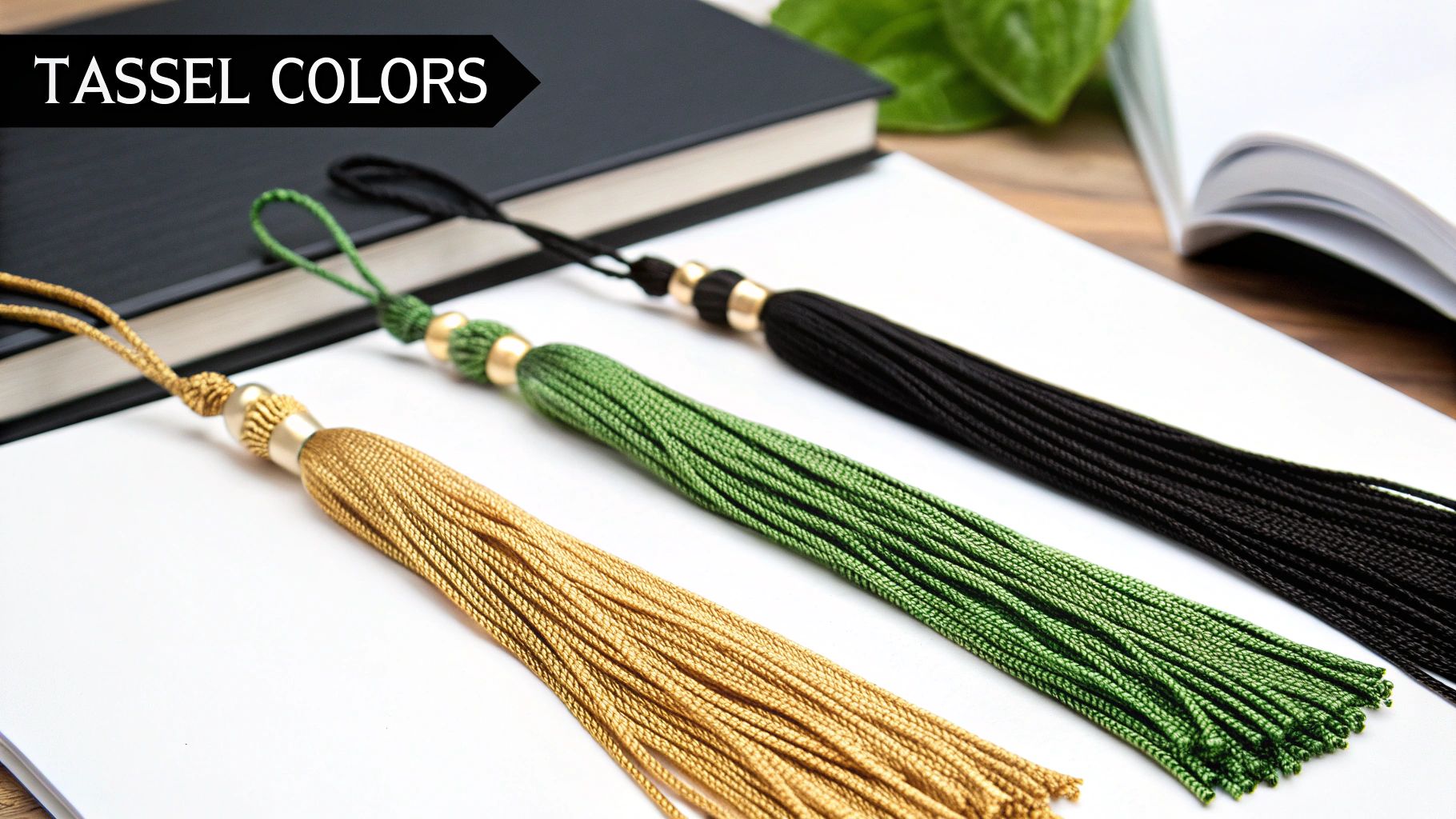 Graduation tassels and honor cords in various colors laid out on a table