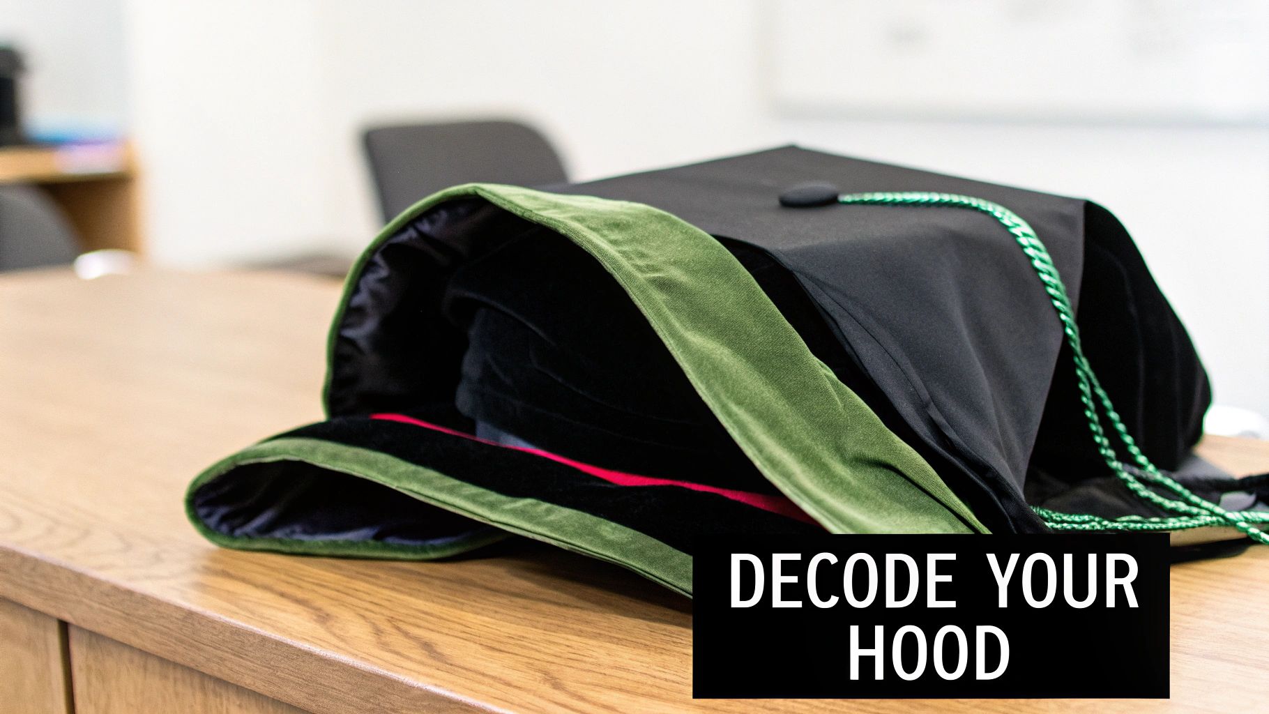A folded academic doctoral hood with green velvet trim, red lining, and a black gown on a wooden table.