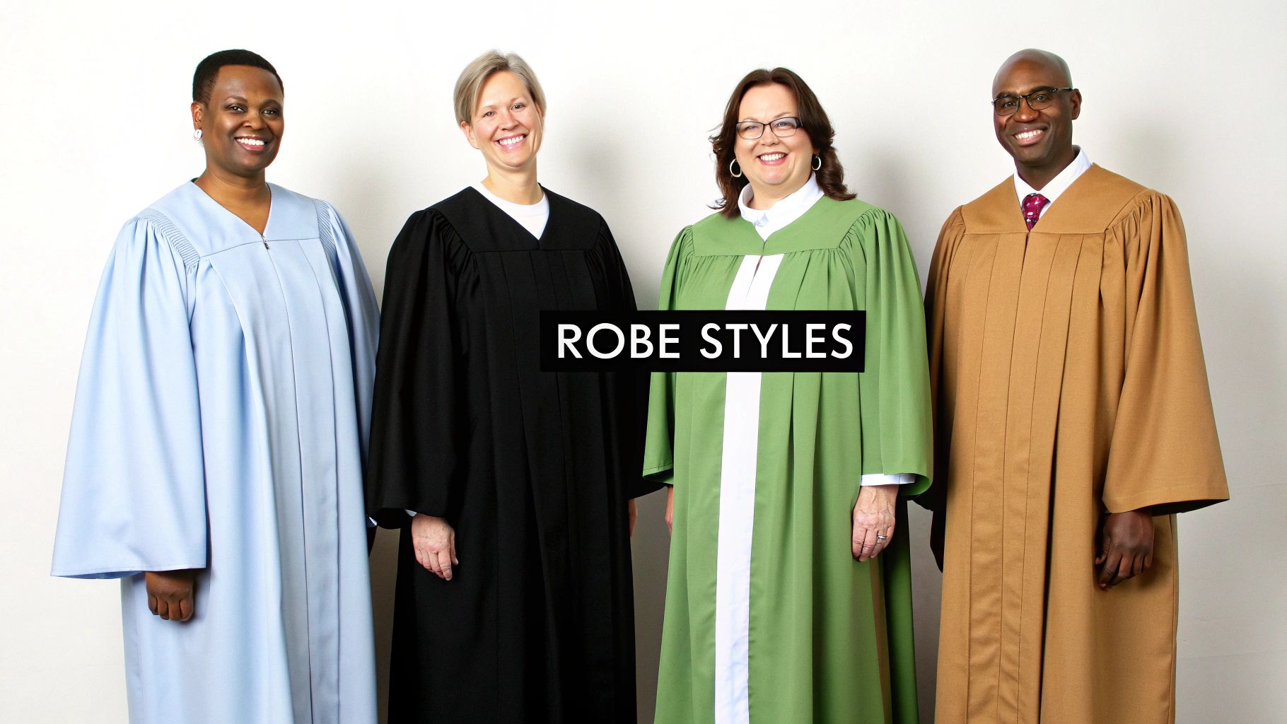 Four diverse adults smiling and wearing different colored choir and clergy robes against a white background.