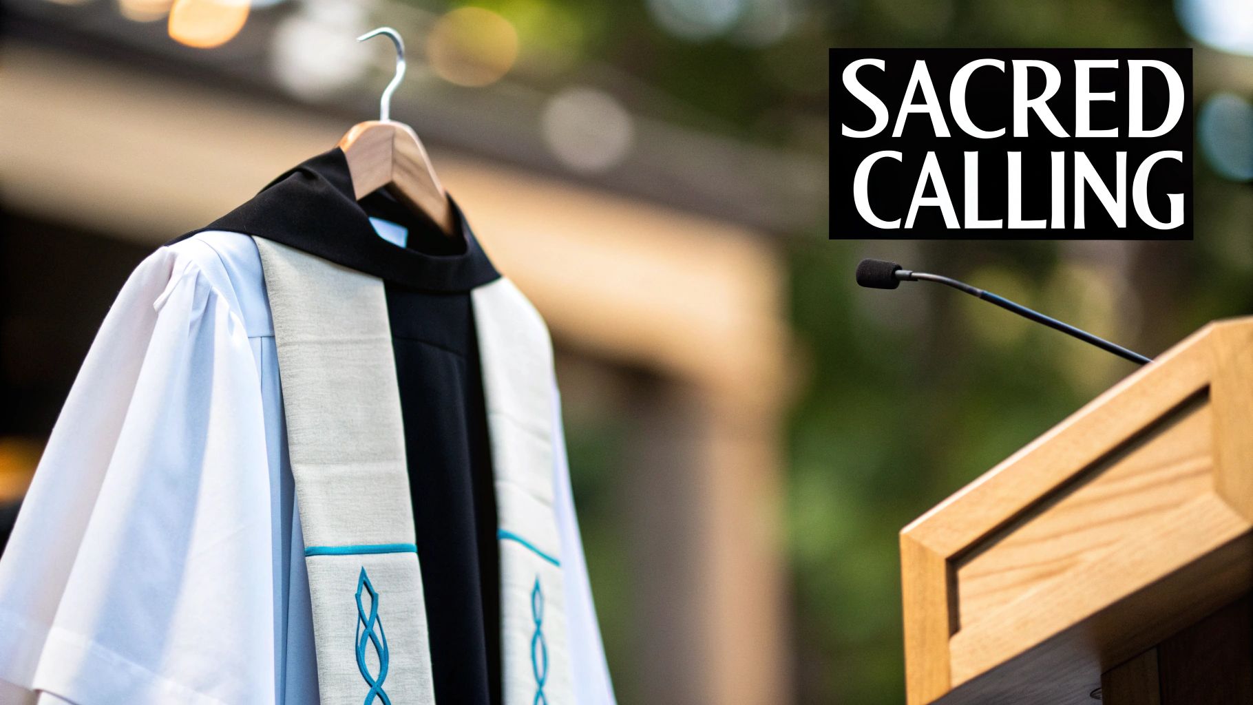 A hanging clergy robe and embroidered stole, with a microphone on a podium and 'SACRED CALLING' text.