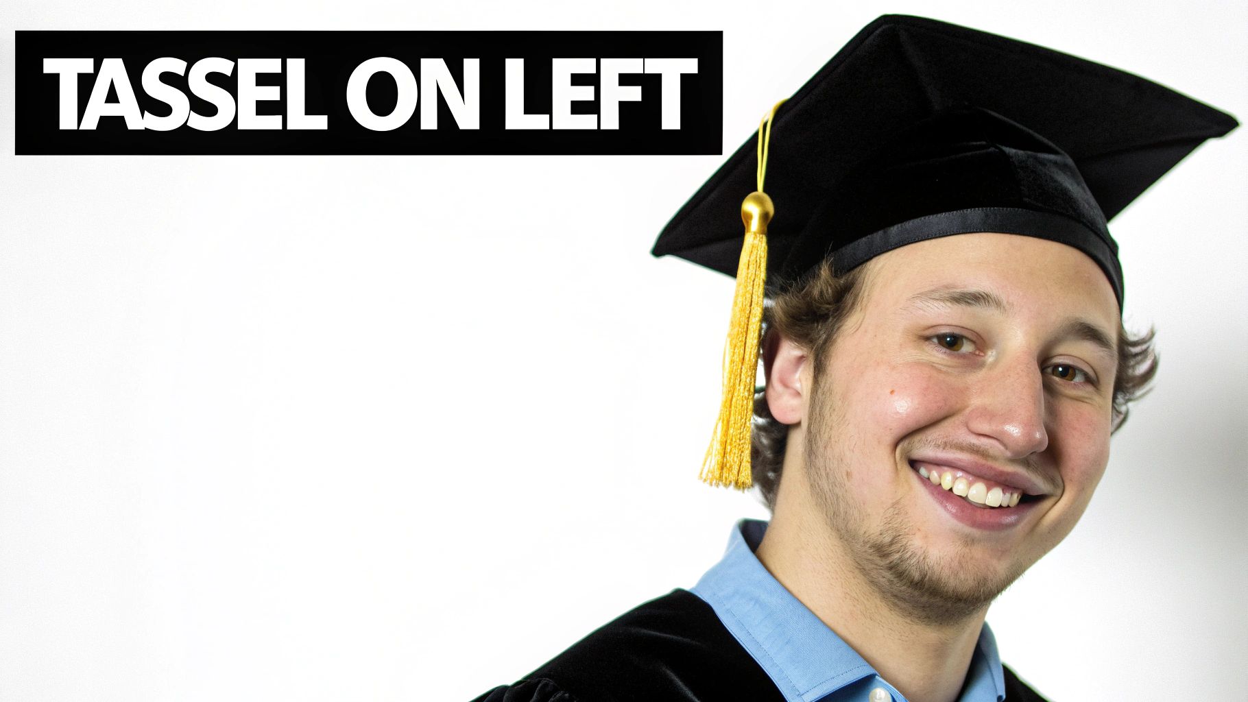 A graduate wearing a doctoral tam with a gold tassel, perfectly positioned.