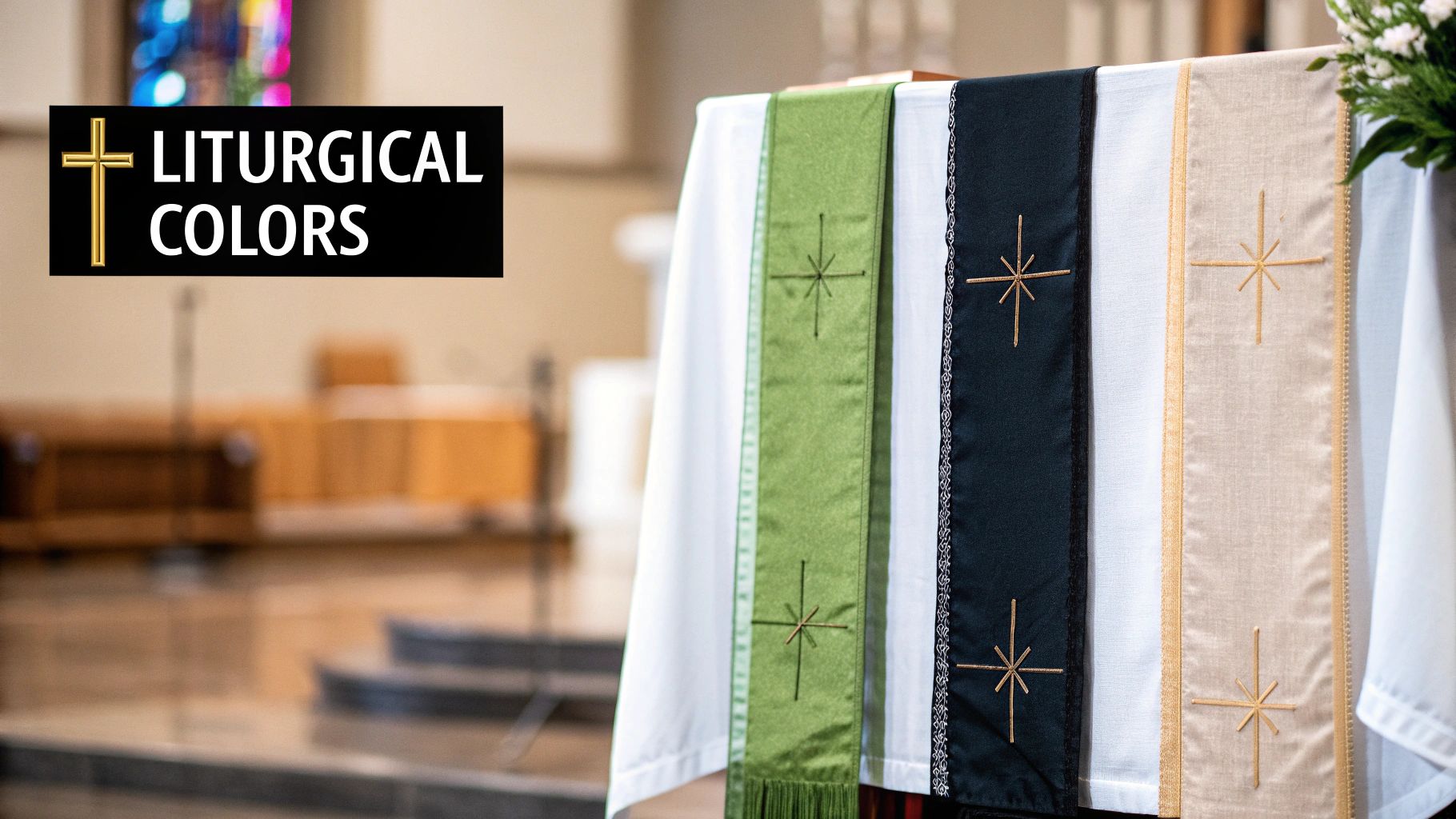 A display of green, black, and beige liturgical stoles with gold embroidery in a church setting, featuring the text 'Liturgical Colors'.