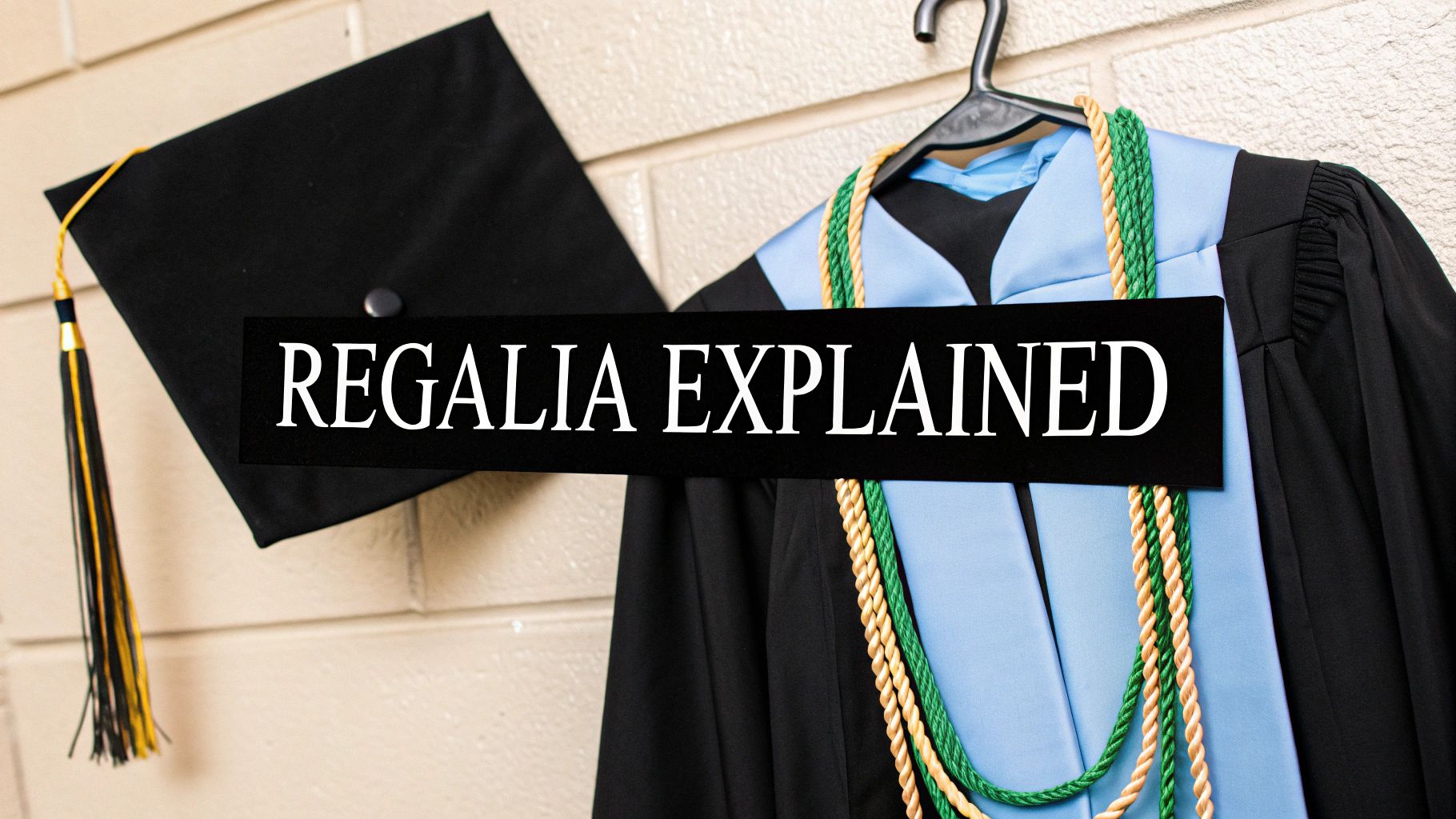 Graduation regalia including a cap, tassel, gown, and academic hood with a 'Regalia Explained' banner.