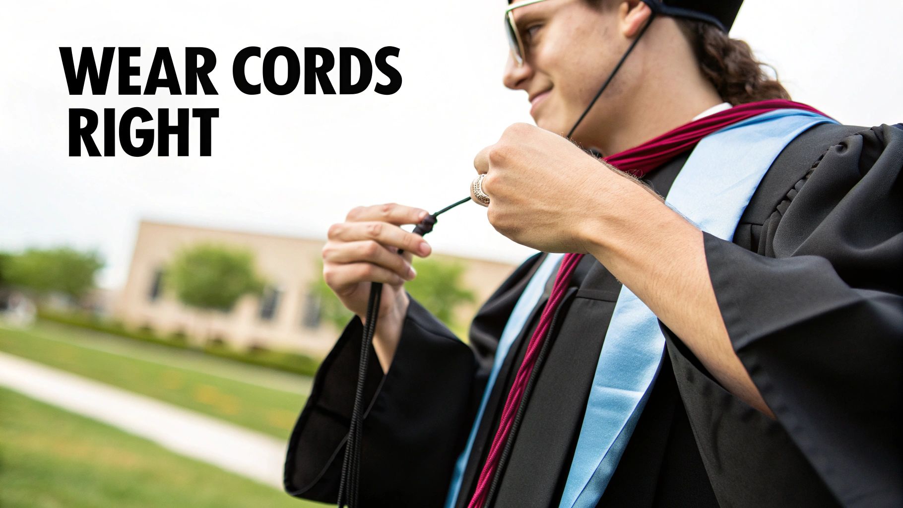 A smiling graduate in a cap and gown adjusts their red and black honor cords.