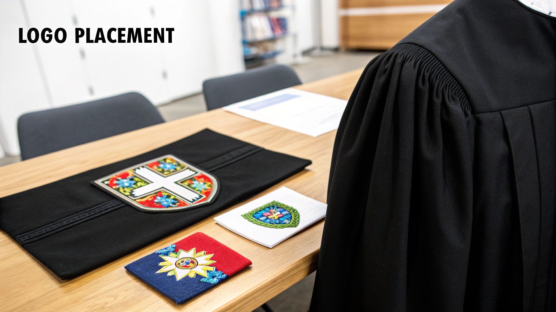 Close-up of a black academic robe and various custom embroidered emblems, showcasing logo placement.