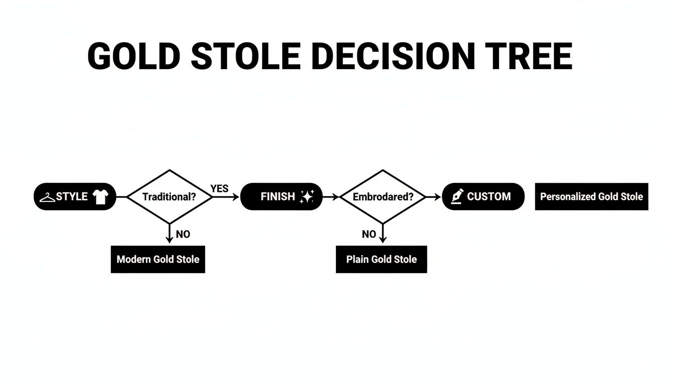 Decision tree outlining choices for gold stoles: traditional, modern, embroidered, plain, or personalized options.