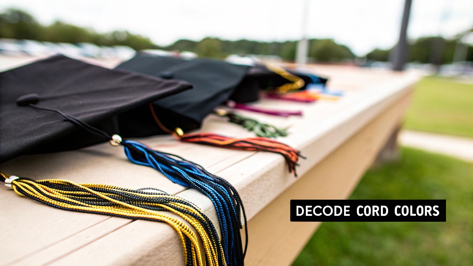 Colorful graduation honor cords draped over bench with caps and diplomas at ceremony