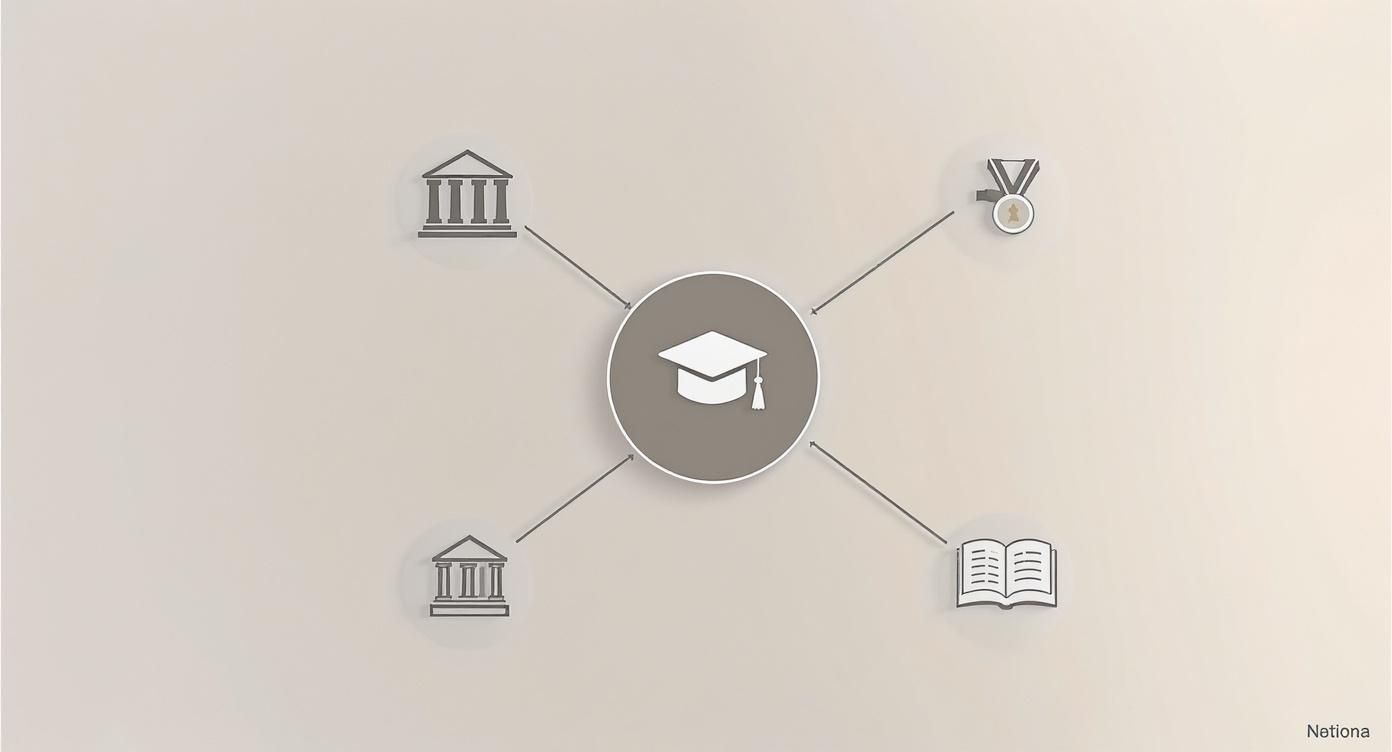 A diagram with a graduation cap icon at the center, connected to symbols of two academic buildings, a medal, and an open book.