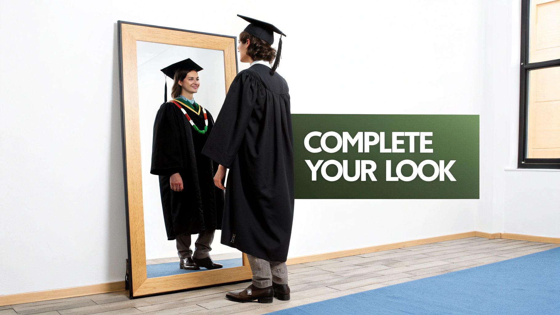 A graduate adjusts their cap and tassel, completing their graduation day look.