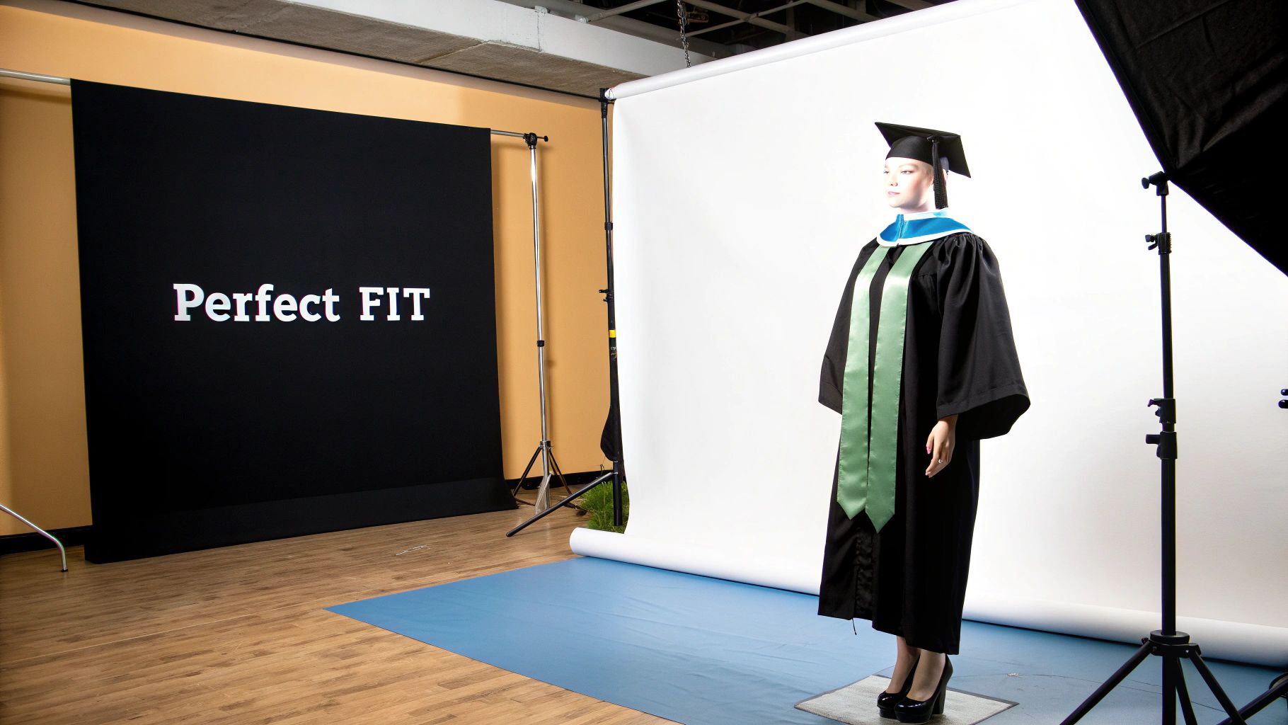 Mannequin wearing a black graduation gown, cap, and green stole in a professional photo studio.