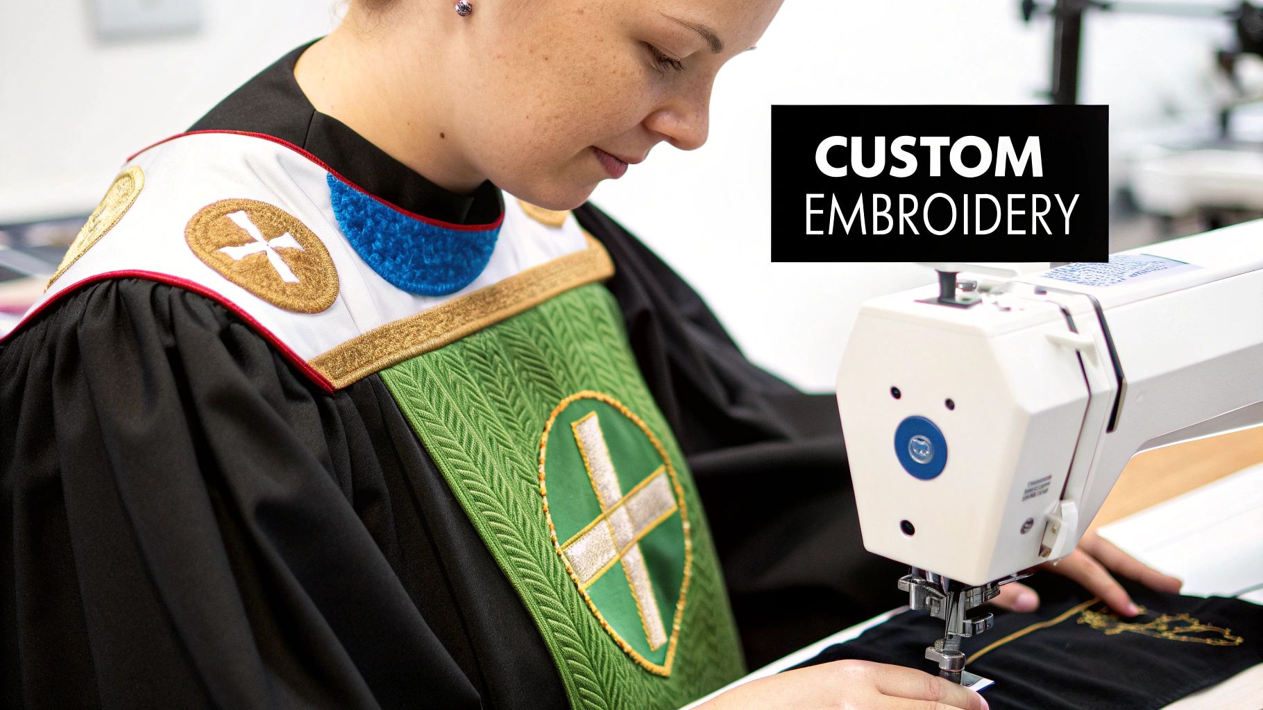 Woman in a choir robe operating an embroidery machine, creating custom religious designs.