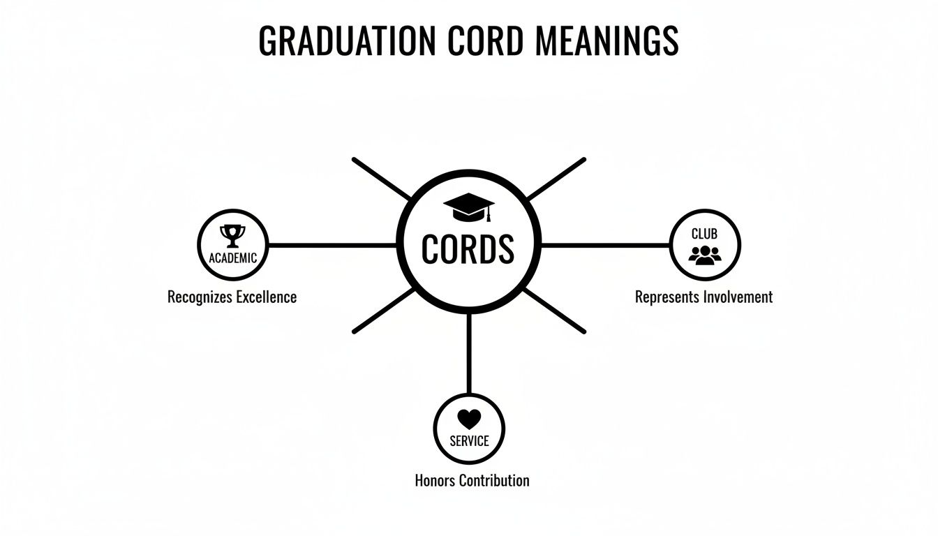 An infographic illustrating graduation cord meanings: Academic, Club, and Service, and what each represents.