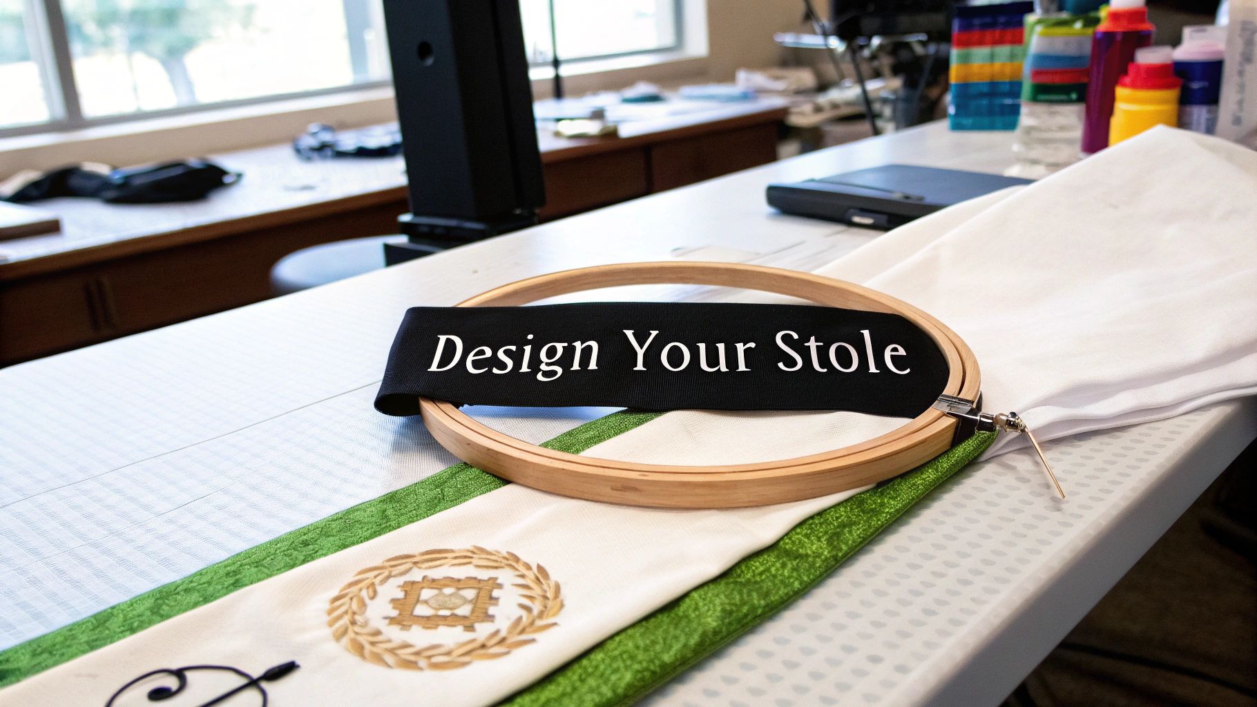 An embroidery hoop with 'Design Your Stole' ribbon rests on a white and green graduation stole with embroidery.