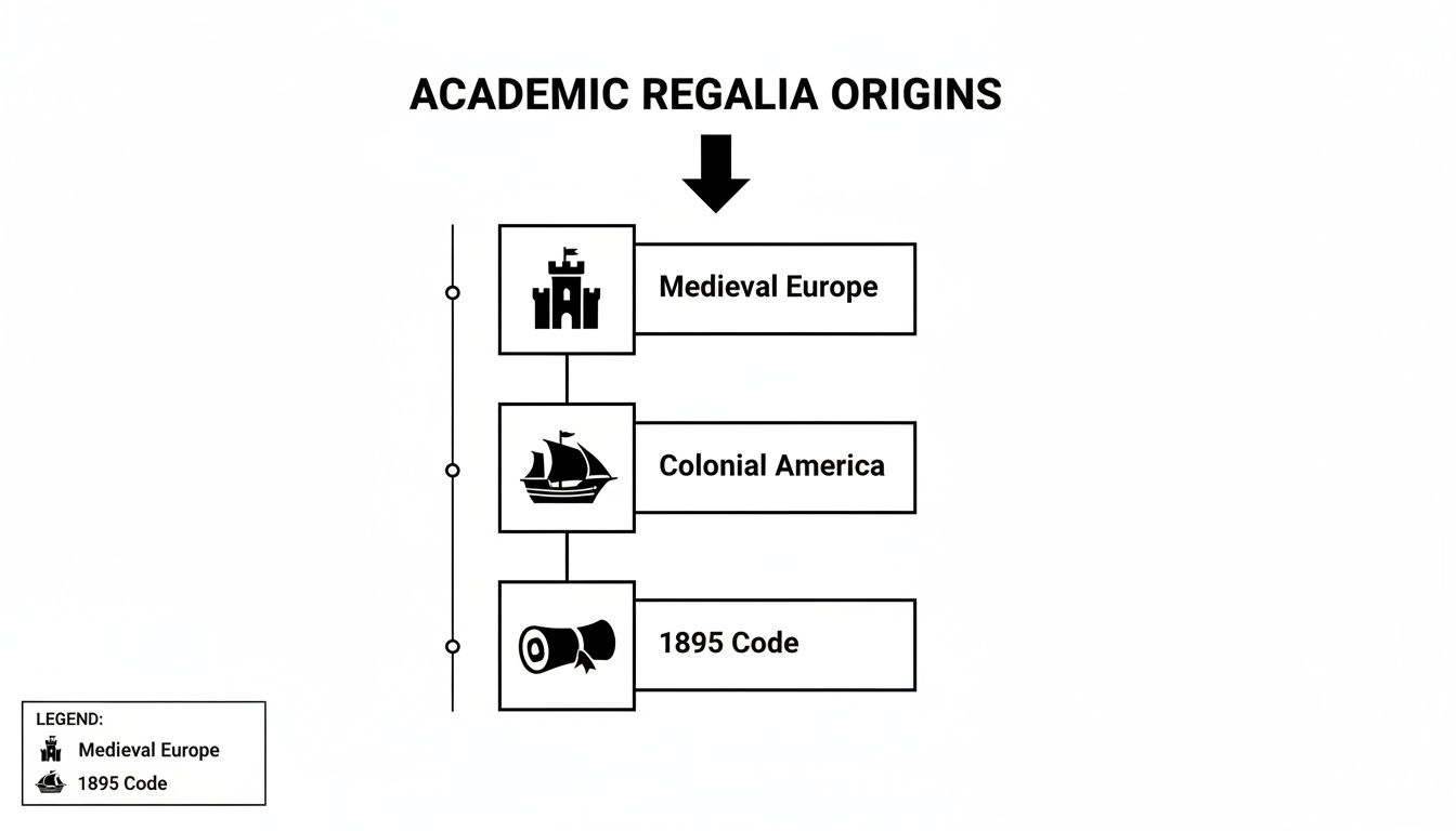 A diagram illustrating the historical origins of academic regalia from Medieval Europe to the 1895 Code.