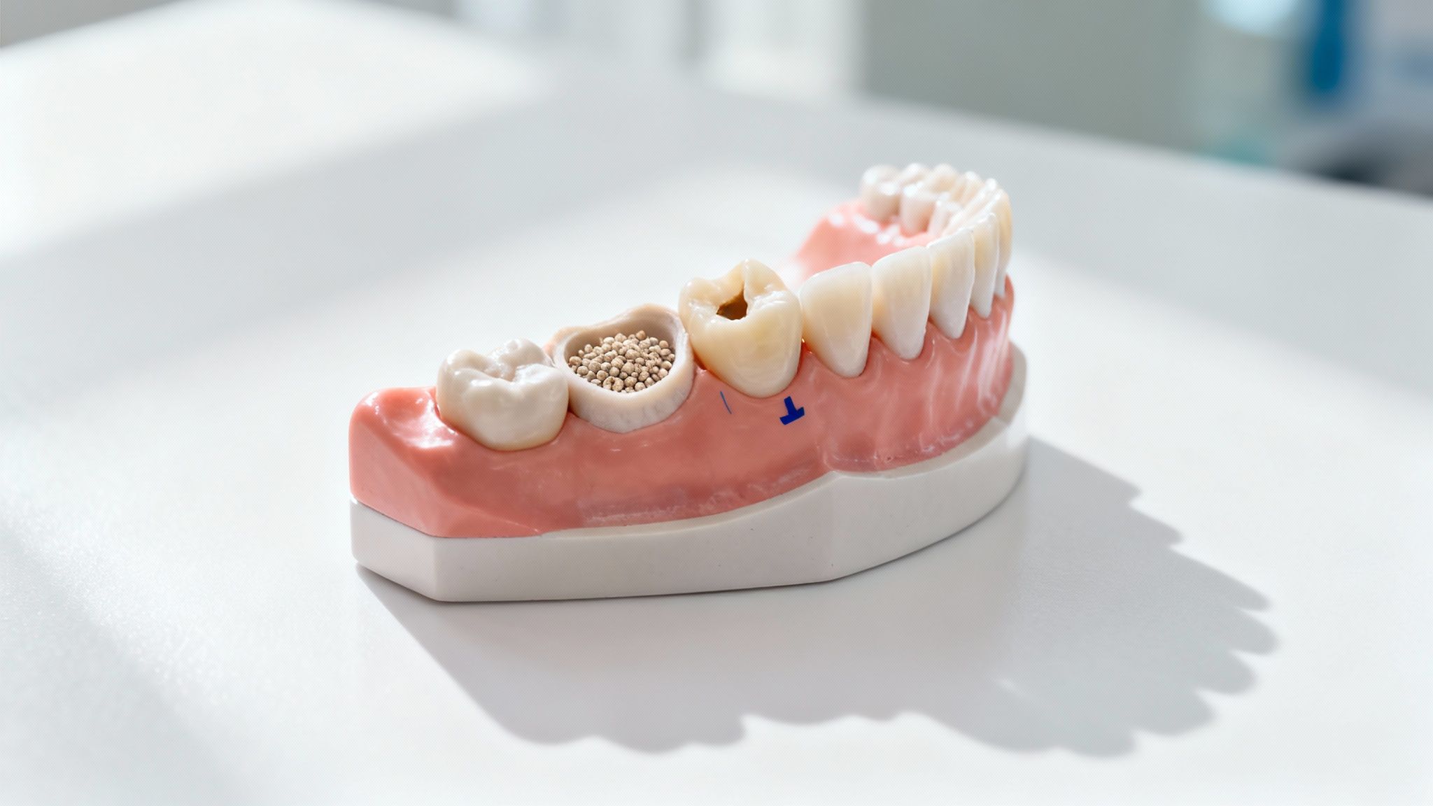 Dentist showing a patient a dental implant model on a tablet