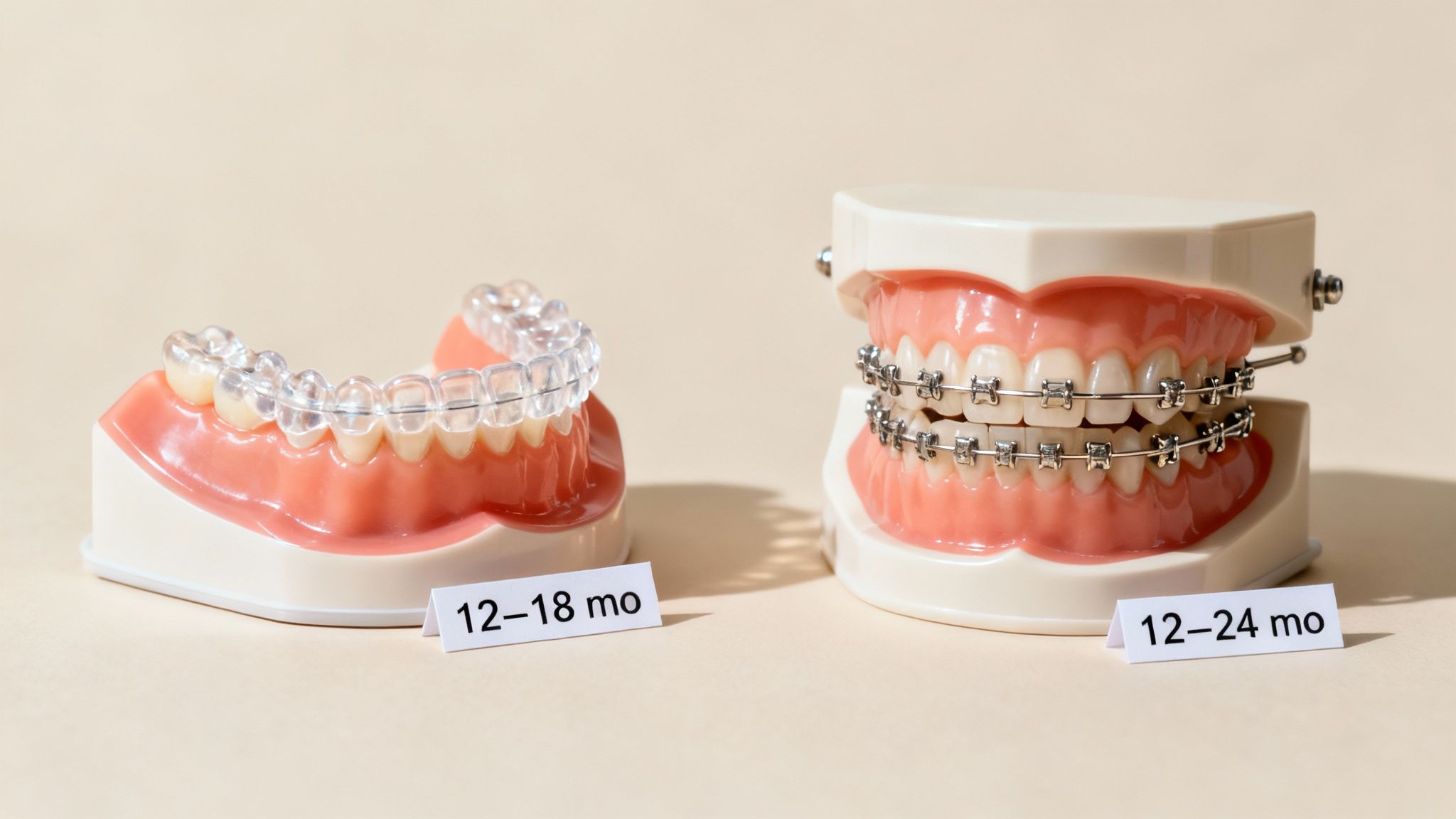 Two people smiling, one with Invisalign and one with traditional braces.