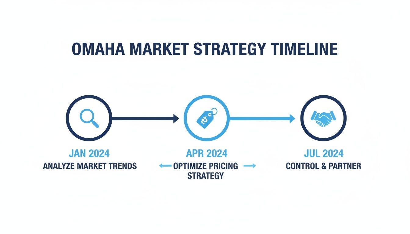 A timeline illustrating the Omaha market strategy for 2024, from market analysis to pricing and partnering.