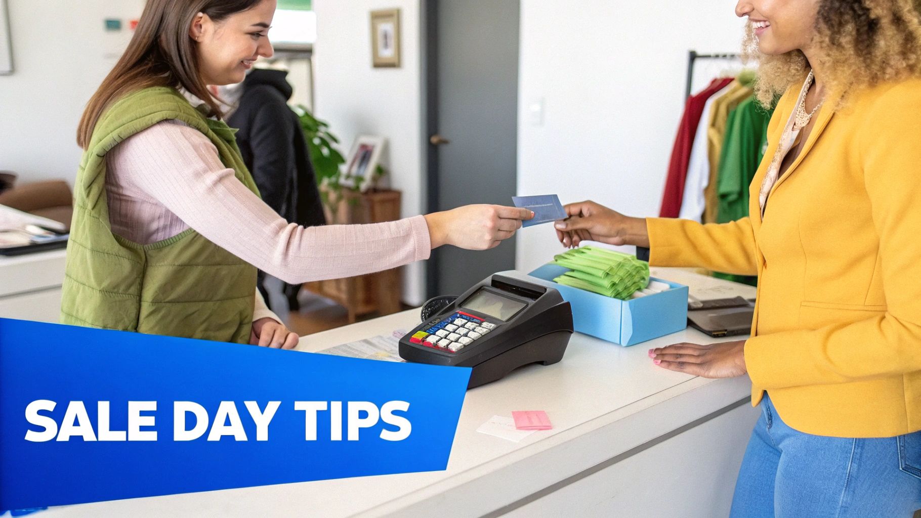 A person handing cash to another person at a checkout table during an estate sale