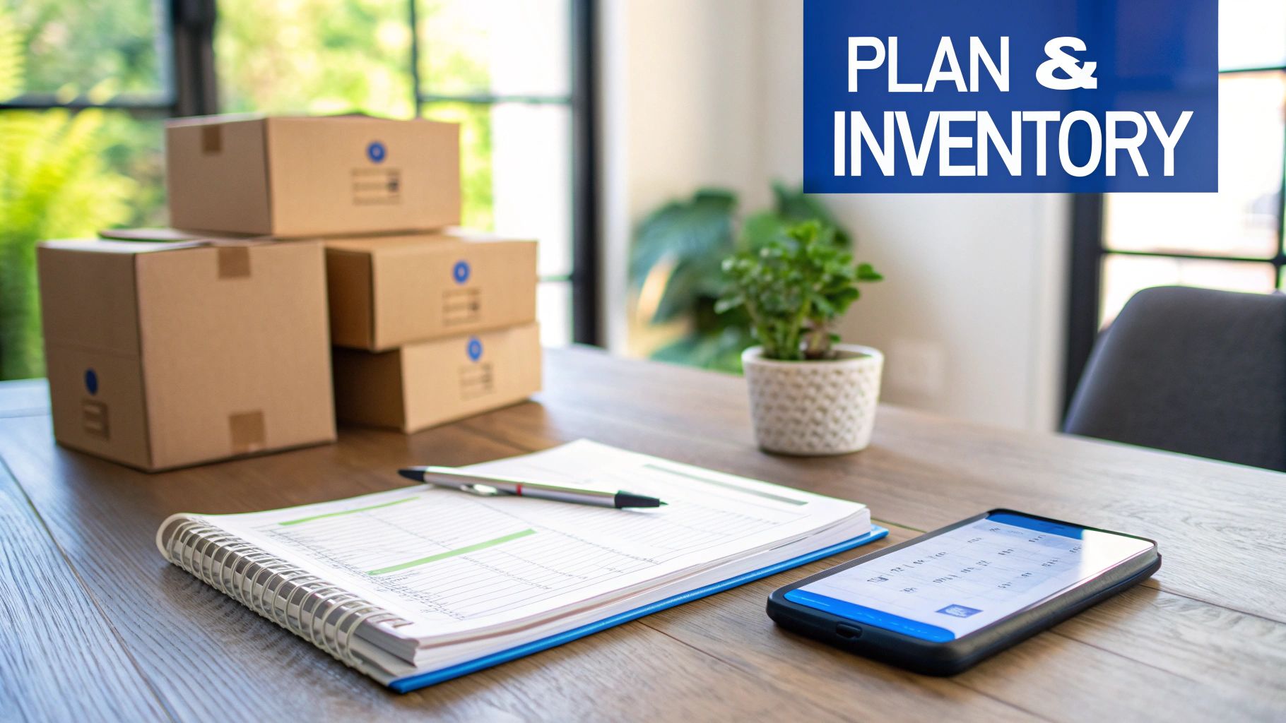 A wooden desk with cardboard boxes, a notebook, a pen, a phone, and a potted plant for inventory management.