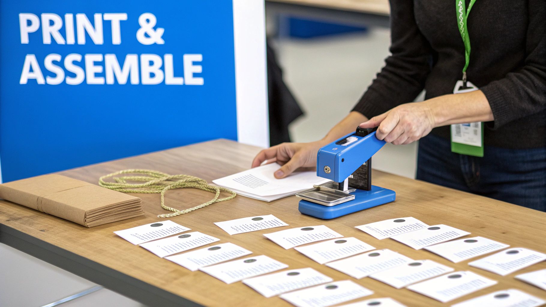 A person staples small white cards with text, assembling tags on a wooden table, next to a 'PRINT & ASSEMBLE' sign.