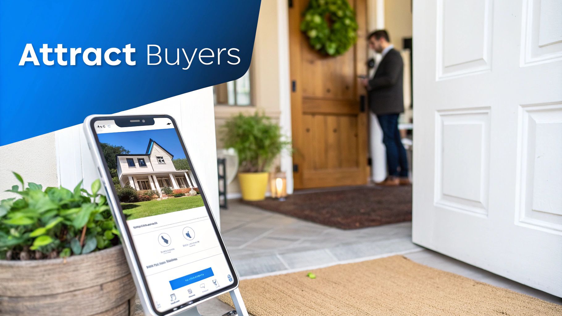 A smartphone displaying a house listing with 'Attract Buyers' text and a man at a house door.