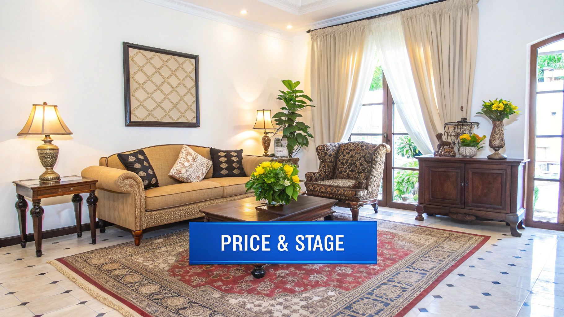 A well-staged room with price tags on furniture, ready for an open house estate sale.
